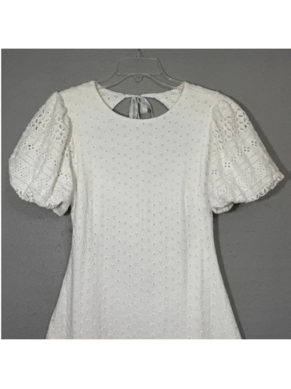 Free People Apricot Rose Mini Dress Eyelet Embroidered Lace Puff Sleeve White L - Picture 8 of 11